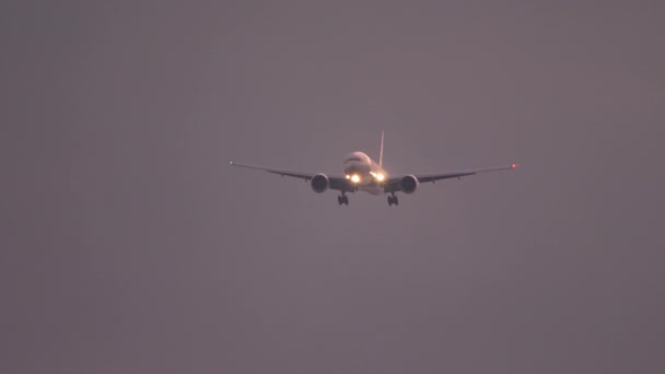 Airplane approaching over ocean at sunset backgfround — Stock Video