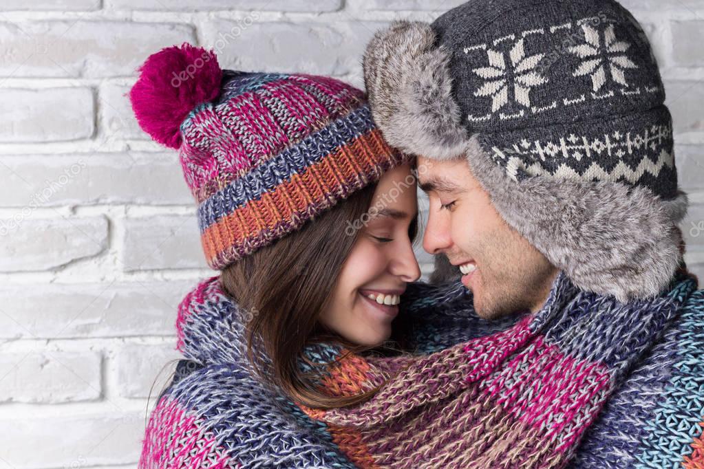 Close-up Portrait of Couple in Love Warms Scarf — Stock Photo ...