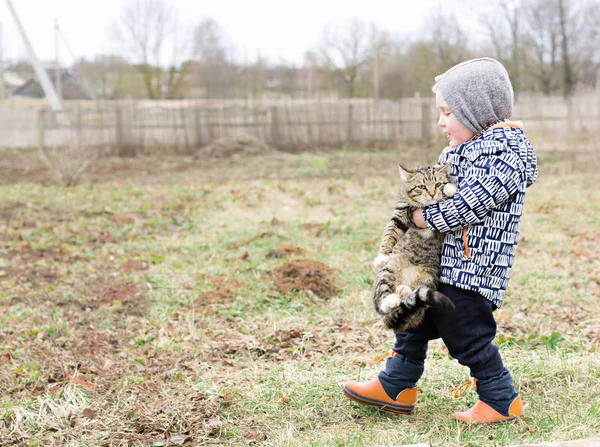 The Child Carries a Cat in His Arms. Copy Space — Stock Photo, Image