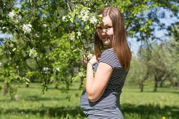 Счастливая беременная женщина в весеннем саду — стоковое фото