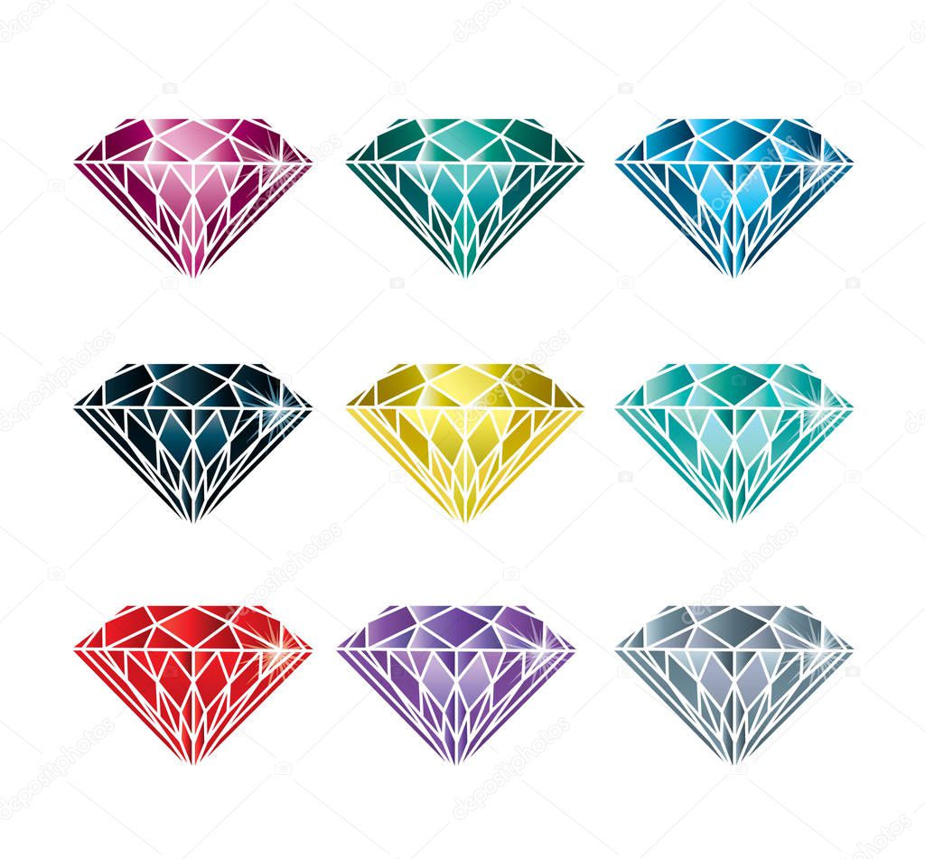 Vector set of coloful stones (diamonds) design elements - cutting samples. Gemstone. Fashion jewelry.
