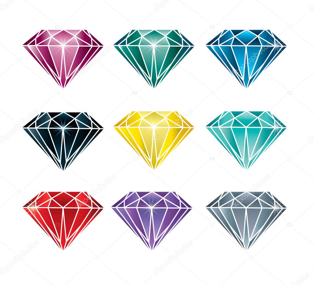 Vector set of coloful stones (diamonds) design elements - cutting samples. Gemstone. Fashion jewelry.