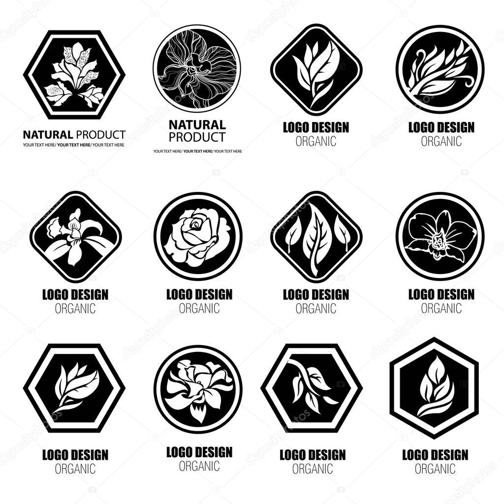 Big vector set of design elements for organic natural logos. Logotype based on tree, plants, flowers, organic.
