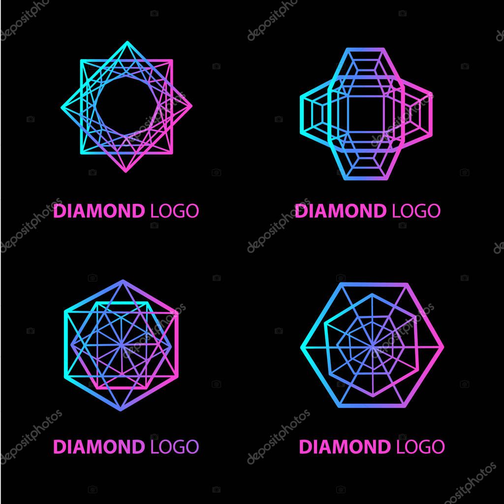 Vector set of neon diamond logos design elements. Cutting samples. Gemstone. Fashion jewelry.