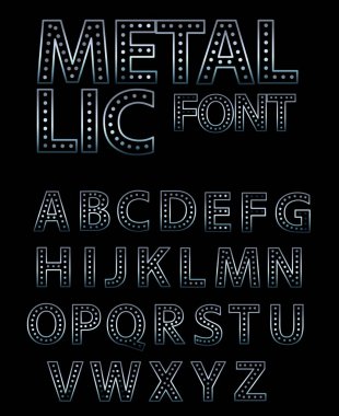 Modul vektör metalik yazı - yazı tipi alfabe. Işıkları ile yuvarlak harfler.
