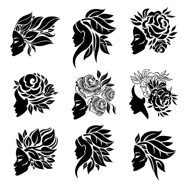 Conjunto vectorial de ilustración de mujer con cabello hermoso — Vector de stock