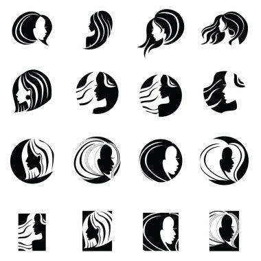 Set of vector Illustrations of woman with long hair. Beauty logo. Hair styling
