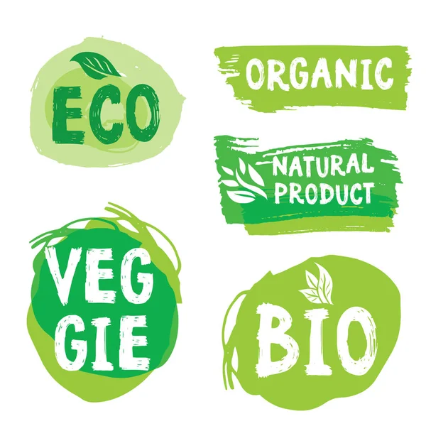 Conjunto Iconos Verdes Logotipos Para Productos Veganos Vegetarianos Vegetales — Vector de stock