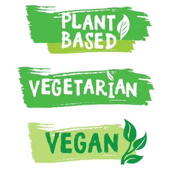 Set Green Icons Logotypes Vegan Vegetarian Plant Based Products — Stock Vector