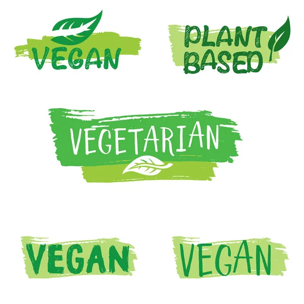 Zestaw Zielonych Ikon Logotypy Wegańskie Wegetariańskie Produkty Roślinne — Wektor stockowy