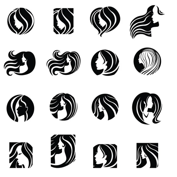 Набір Векторних Ілюстрацій Жінки Довгим Волоссям Логотип Краси Укладання Волосся — стоковий вектор