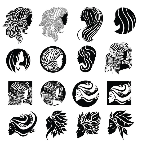 Set Vector Illustraties Van Vrouw Met Lang Haar Schoonheidslogo Haarstyling — Stockvector