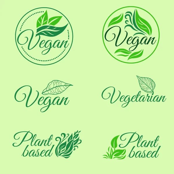 Conjunto Ícones Verdes Logotipos Para Vegan Vegetariano Produtos Base Plantas —  Vetores de Stock