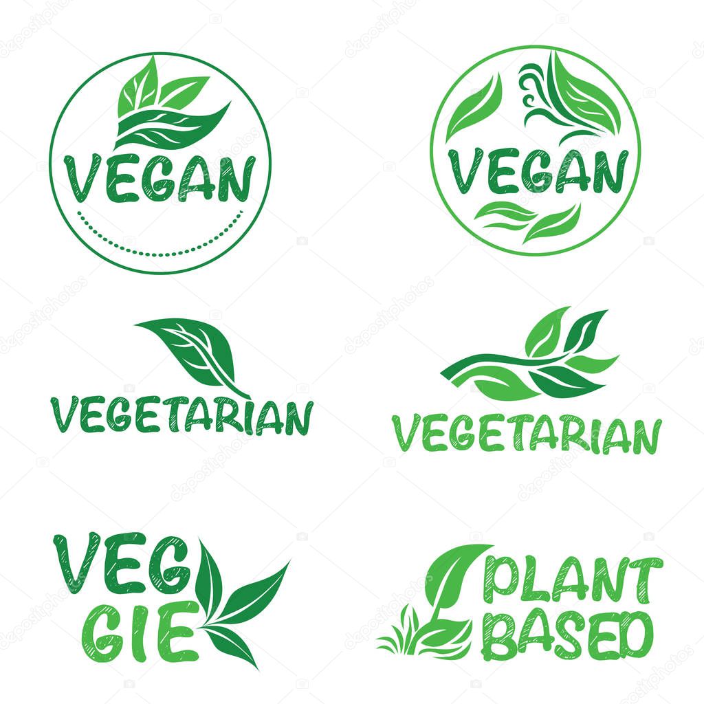 Set of green icons, logotypes for vegan, vegetarian, plant based products