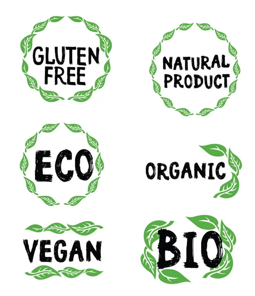 Set Grüner Symbole Logos Für Vegane Vegetarische Und Pflanzliche Produkte — Stockvektor
