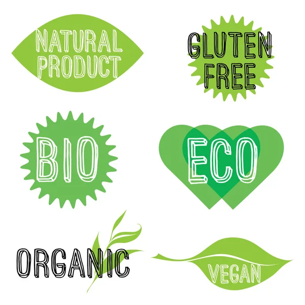 Conjunto Iconos Verdes Logotipos Para Productos Veganos Vegetarianos Vegetales — Vector de stock