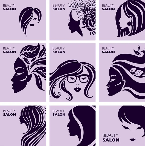 Zestaw Wektorowych Ilustracji Kobiety Długimi Włosami Logo Piękna Stylizacja Włosów — Wektor stockowy