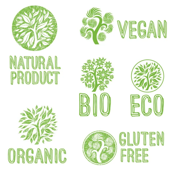 Conjunto Ícones Verdes Logotipos Para Vegan Vegetariano Produtos Base Plantas —  Vetores de Stock