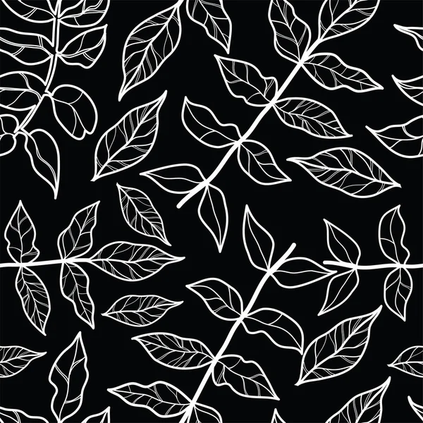 Patrón Floral Blanco Negro Sin Costura Vectorial Hoja Fondo Natural — Vector de stock