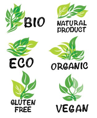 Set of green icons, logotypes for vegan, vegetarian, plant based products