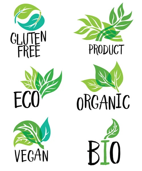 Conjunto Ícones Verdes Logotipos Para Vegan Vegetariano Produtos Base Plantas —  Vetores de Stock