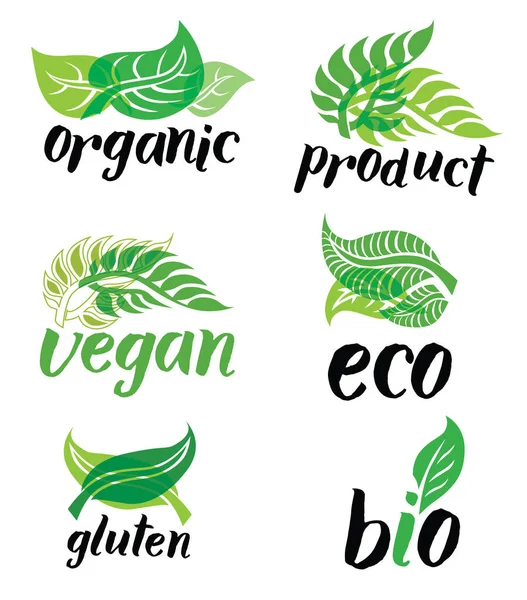 Σύνολο Πράσινων Εικονιδίων Λογότυπων Για Vegan Χορτοφαγικά Φυτικά Προϊόντα — Διανυσματικό Αρχείο