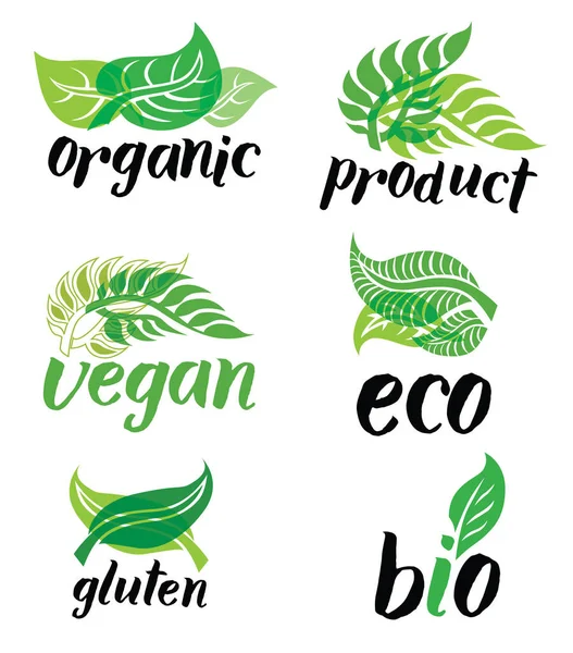 Conjunto Iconos Verdes Logotipos Para Productos Veganos Vegetarianos Vegetales — Vector de stock