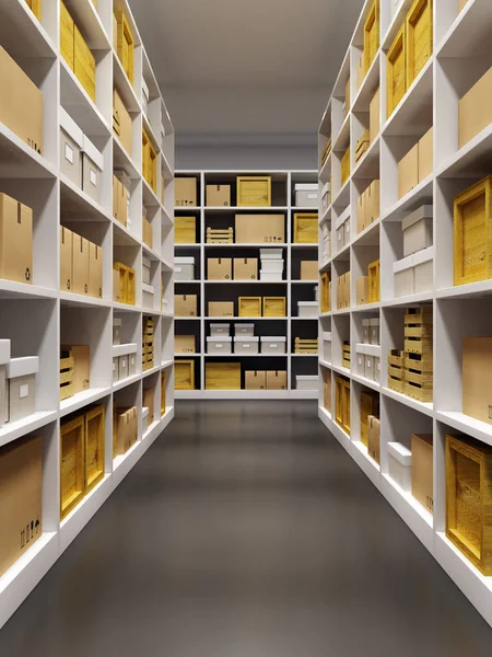 Interior del almacén con filas de estantes con cajas — Foto de Stock