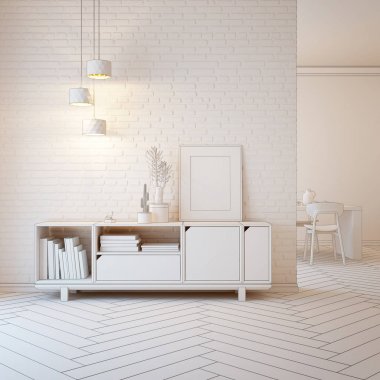 oturma odası iç ahşap büfe, 3d render ile