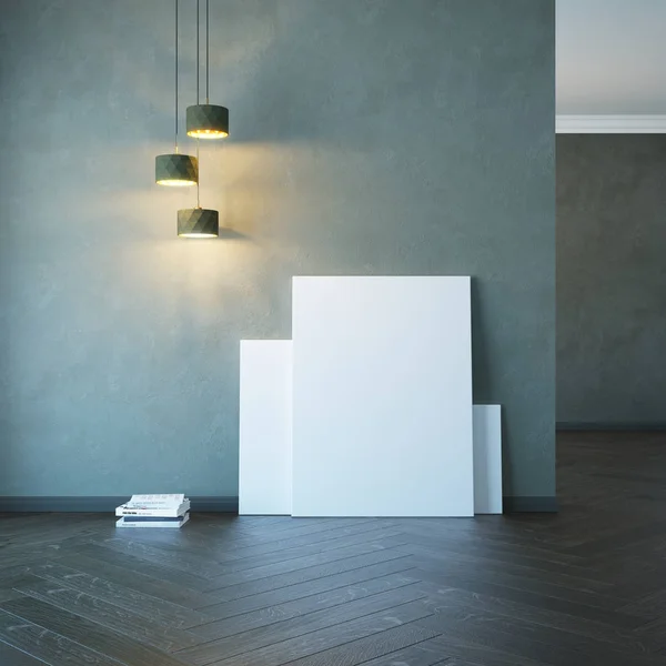 Empty room with light and blank pictures, 3d rendering — Stock Photo, Image