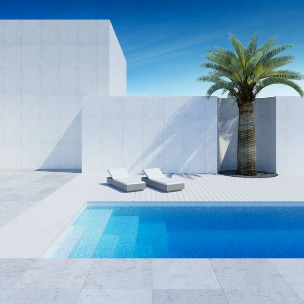 スイミングプール付きの豪華な近代的な裏庭 3Dレンダリング — ストック写真