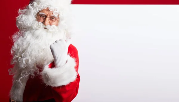 Weihnachtsmann zeigt in leeres Werbebanner isoliert auf r — Stockfoto
