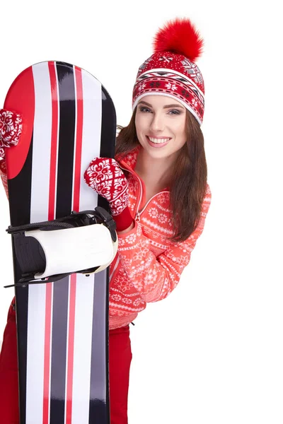 Mujer con tabla de snowboard —  Fotos de Stock