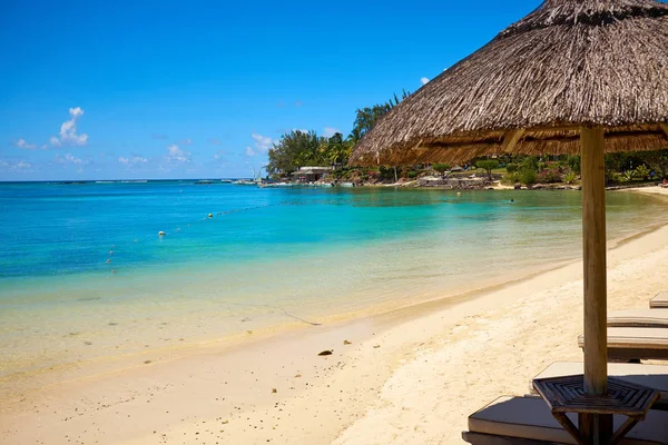 White sand beach with lounge chairs and umbrellas — Stock Photo, Image