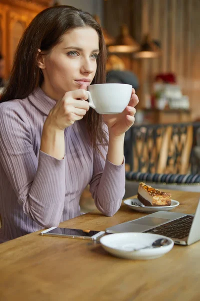 Beautiful brunette using laptop in cafe — Stock Photo, Image