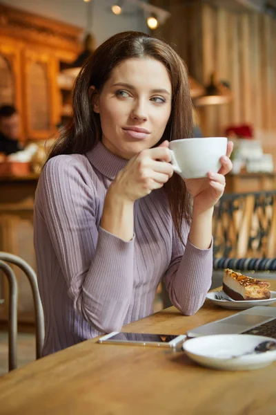 Belle brune utilisant un ordinateur portable dans un café — Photo