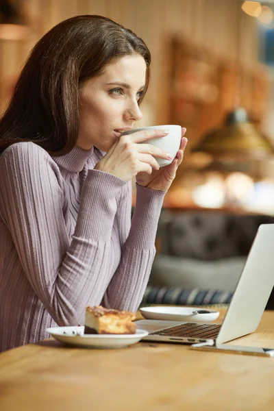 Όμορφη μελαχρινή χρησιμοποιώντας φορητό υπολογιστή στην καφετέρια — Φωτογραφία Αρχείου