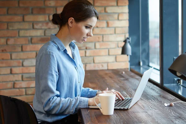 Mooie brunette met behulp van laptop — Stockfoto