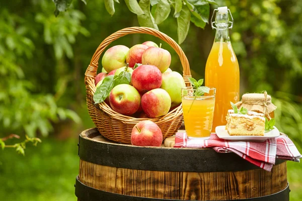 Korg med äpplen på bakgrunden orchard — Stockfoto