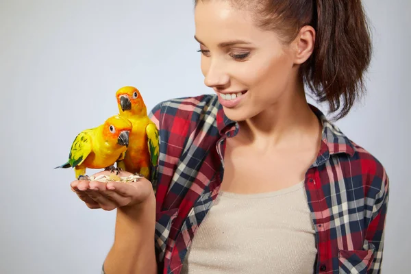 Papağan besleme kadın — Stok fotoğraf