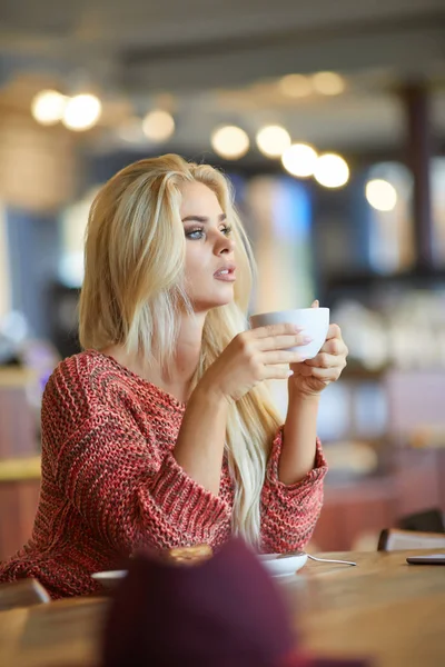 Portret pięknej młodej kobiety Blondynka korzystających filiżanki herbaty. — Zdjęcie stockowe