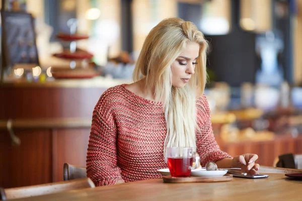 Vrouw of succesvol bezig met slimme telefoon op coffeeshop interieur, vrouwelijke student zitten in de Universiteitsbibliotheek tijdens het gebruik van technologie, internet afstand werken — Stockfoto