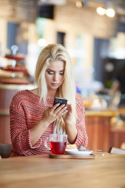 Donna o di successo a lavorare su smart phone al caffè interno, studente femminile seduto nella biblioteca universitaria durante l'utilizzo della tecnologia, internet lavoro a distanza — Foto Stock