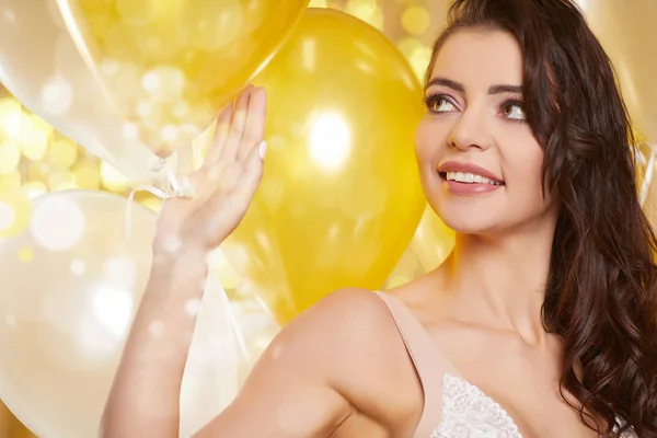 Frau Abendkleid Mit Luftballons Neujahr Feier — Stockfoto