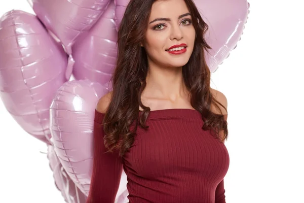 Mulher Com Balão Vermelho Fundo Branco — Fotografia de Stock