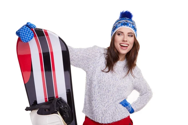 Mujer Con Traje Invierno Sosteniendo Una Tabla Snowboard Estudio —  Fotos de Stock