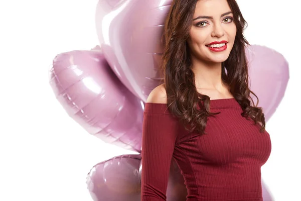 Vacker Flicka Elegant Modell Med Ballonger Form Ett Hjärta Kvinna — Stockfoto