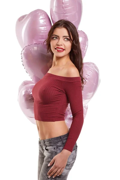 Bella Ragazza Elegante Modello Moda Con Palloncini Forma Cuore Donna — Foto Stock