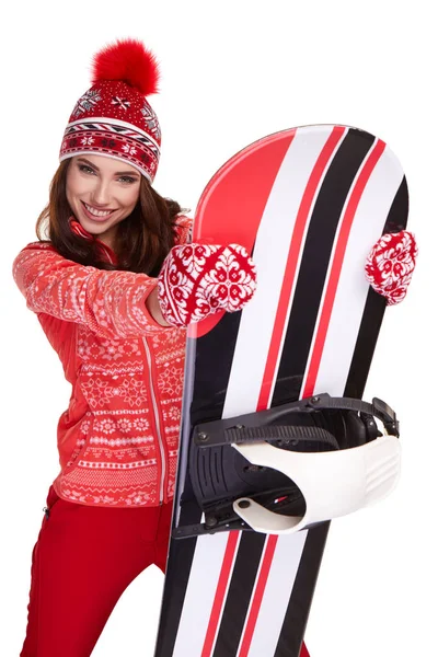 Mujer Con Traje Invierno Sosteniendo Una Tabla Snowboard Estudio —  Fotos de Stock