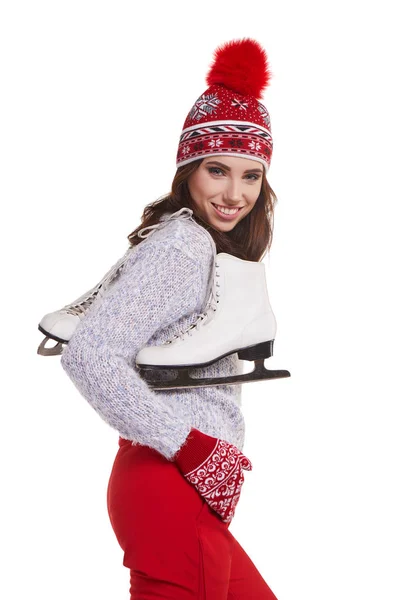 Sorrindo Jovem Mulher Carregando Par Patins Gelo — Fotografia de Stock